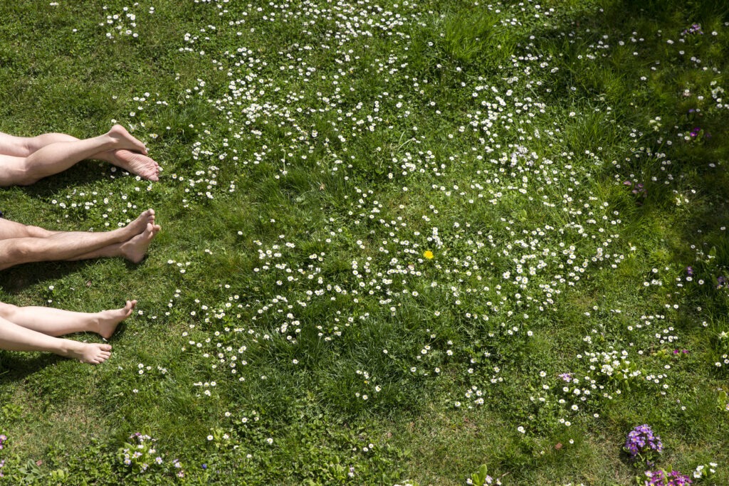 Legs of three people lying in spring meadow